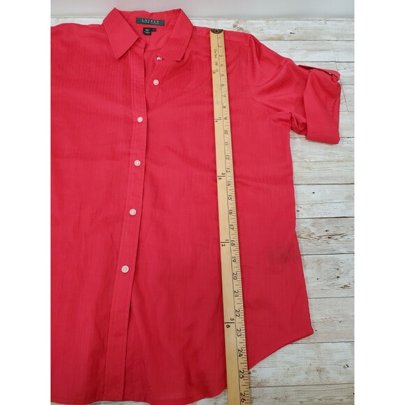 Lauren Ralph Lauren Red Button Down Large Women’s Roll Tab Sleeves - Picture 6 of 8